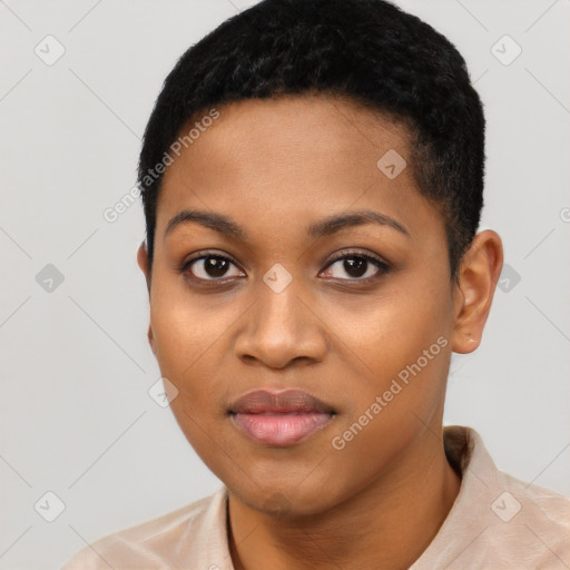 Joyful latino young-adult female with short  black hair and brown eyes