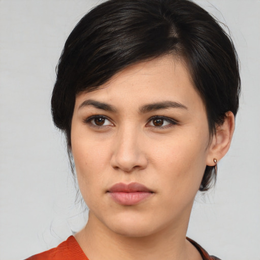 Neutral asian young-adult female with medium  black hair and brown eyes