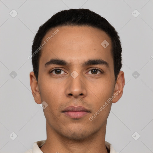 Neutral latino young-adult male with short  black hair and brown eyes