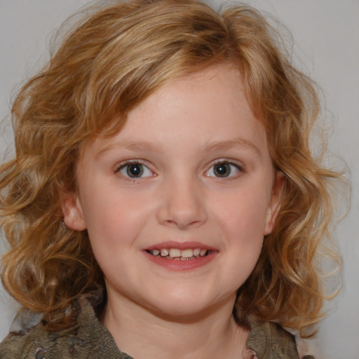 Joyful white child female with medium  brown hair and blue eyes