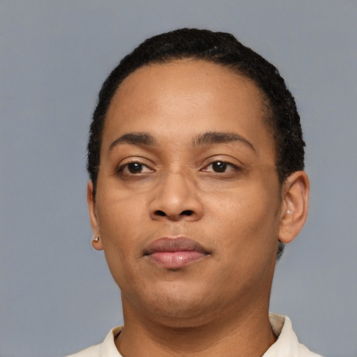Neutral latino young-adult female with short  black hair and brown eyes