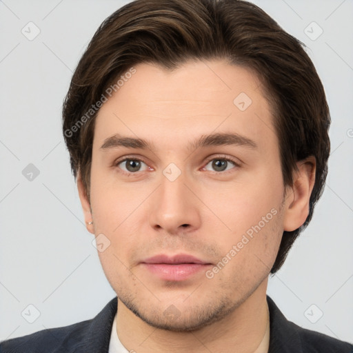 Neutral white young-adult male with short  brown hair and brown eyes