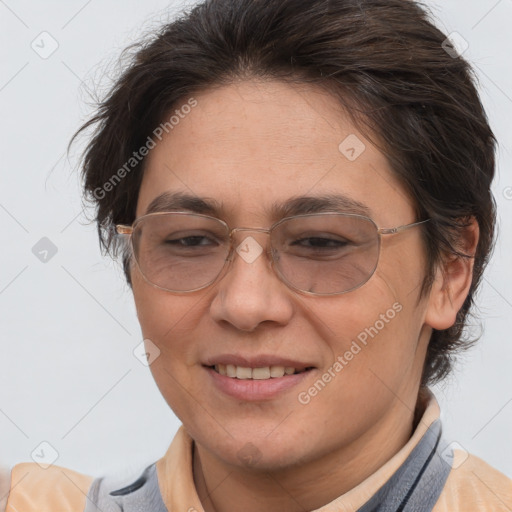 Joyful white adult female with short  brown hair and brown eyes