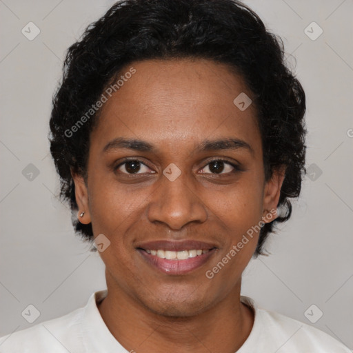 Joyful black young-adult female with short  brown hair and brown eyes