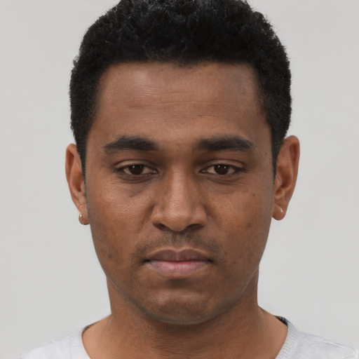 Neutral black young-adult male with short  black hair and brown eyes