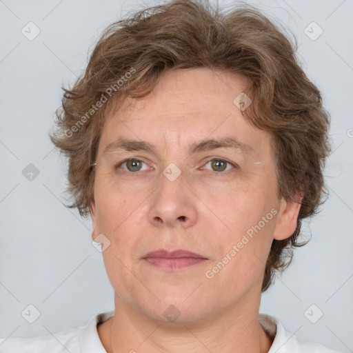 Neutral white adult female with short  brown hair and brown eyes