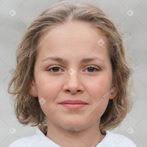 Joyful white child female with medium  brown hair and grey eyes