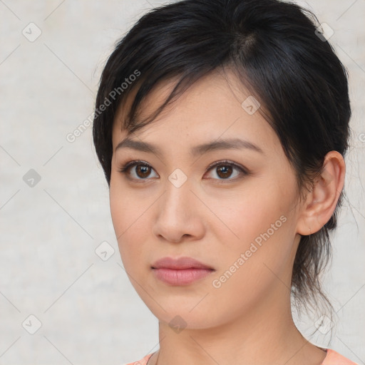 Neutral asian young-adult female with medium  brown hair and brown eyes