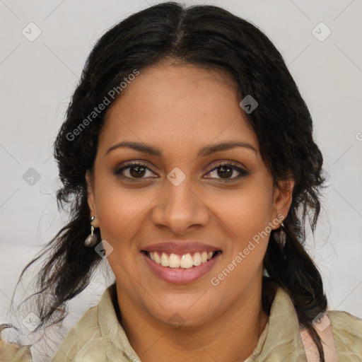 Joyful black young-adult female with long  brown hair and brown eyes