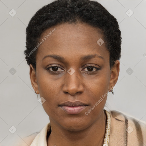 Neutral black young-adult female with short  brown hair and brown eyes