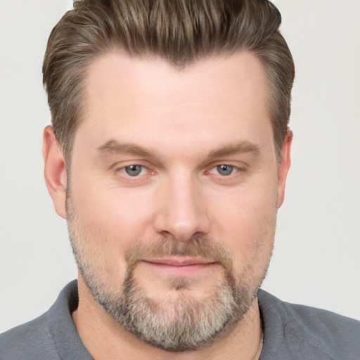 Joyful white adult male with short  brown hair and grey eyes