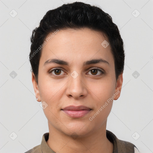 Joyful latino young-adult female with short  brown hair and brown eyes