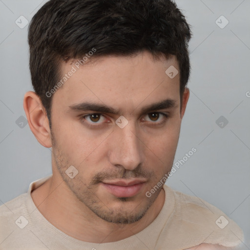 Neutral white young-adult male with short  brown hair and brown eyes