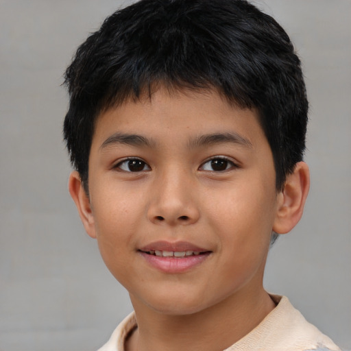 Joyful asian child male with short  brown hair and brown eyes