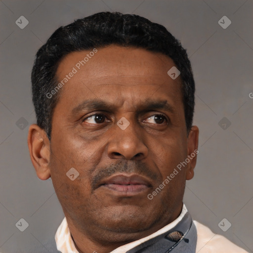 Neutral black adult male with short  black hair and brown eyes