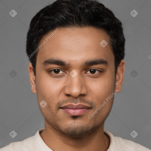 Neutral latino young-adult male with short  black hair and brown eyes