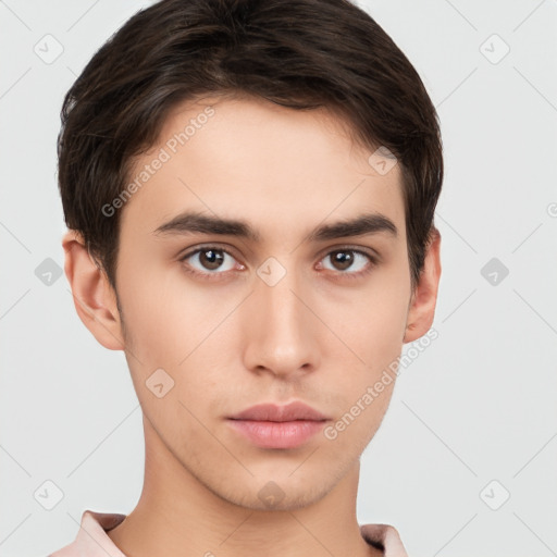 Neutral white young-adult male with short  brown hair and brown eyes