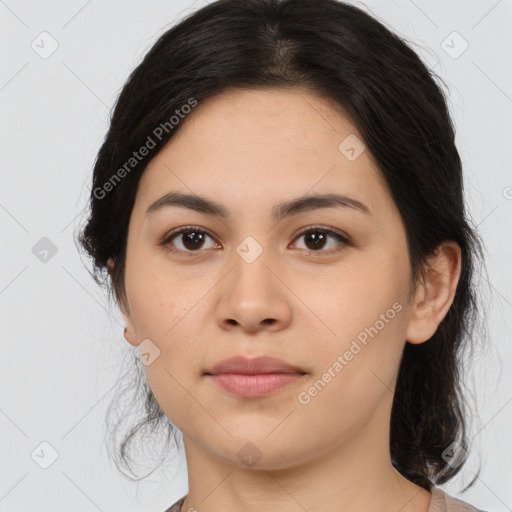 Joyful asian young-adult female with medium  black hair and brown eyes