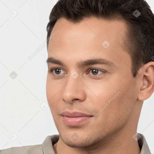 Neutral white young-adult male with short  brown hair and brown eyes