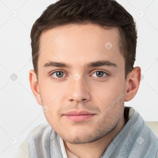 Neutral white young-adult male with short  brown hair and brown eyes