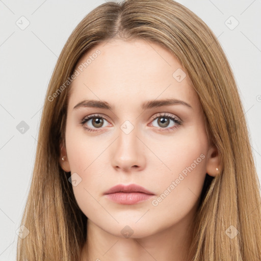 Neutral white young-adult female with long  brown hair and brown eyes