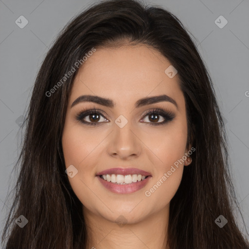 Joyful white young-adult female with long  brown hair and brown eyes