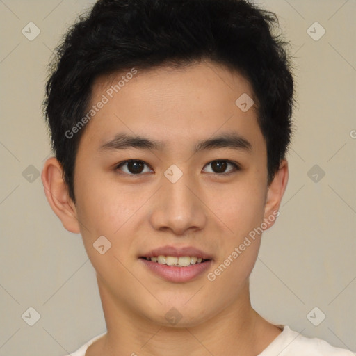 Joyful latino young-adult male with short  brown hair and brown eyes