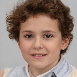 Joyful white child female with short  brown hair and brown eyes