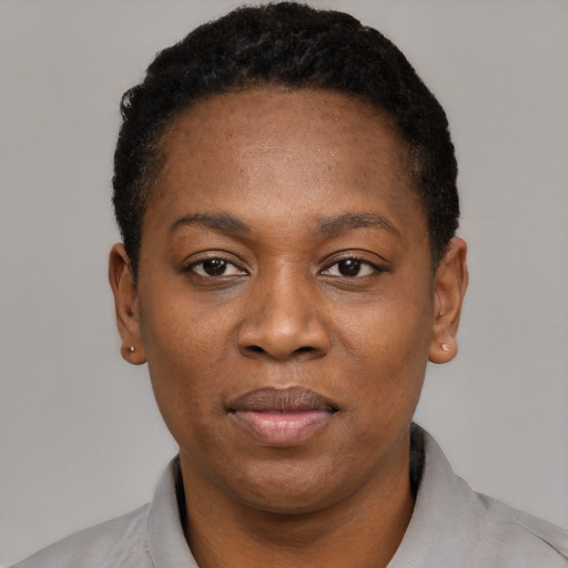 Joyful black adult female with short  black hair and brown eyes