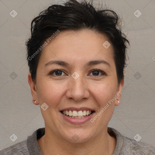 Joyful white adult female with short  brown hair and brown eyes