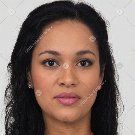 Joyful latino young-adult female with long  brown hair and brown eyes