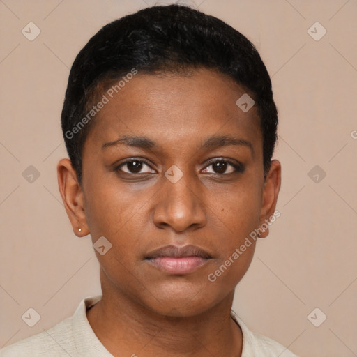 Neutral black young-adult female with short  brown hair and brown eyes