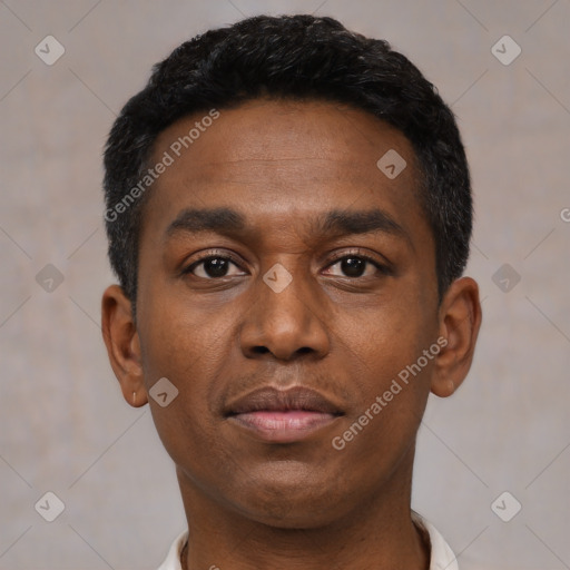 Neutral latino young-adult male with short  black hair and brown eyes
