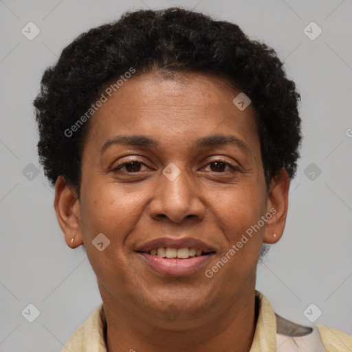 Joyful latino adult female with short  brown hair and brown eyes