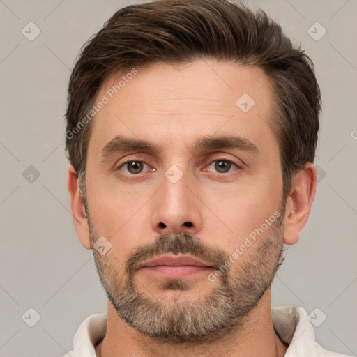 Neutral white adult male with short  brown hair and brown eyes