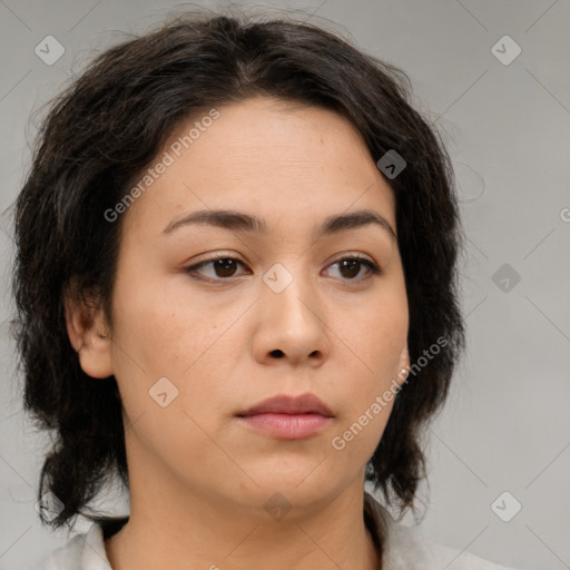 Neutral asian young-adult female with medium  brown hair and brown eyes