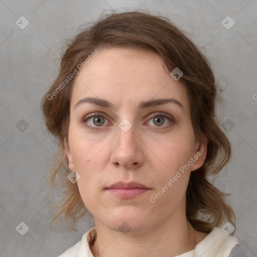 Neutral white young-adult female with medium  brown hair and brown eyes