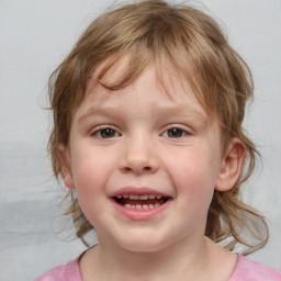 Joyful white child female with medium  brown hair and blue eyes