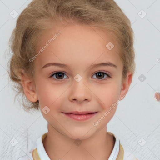 Joyful white child female with short  brown hair and brown eyes