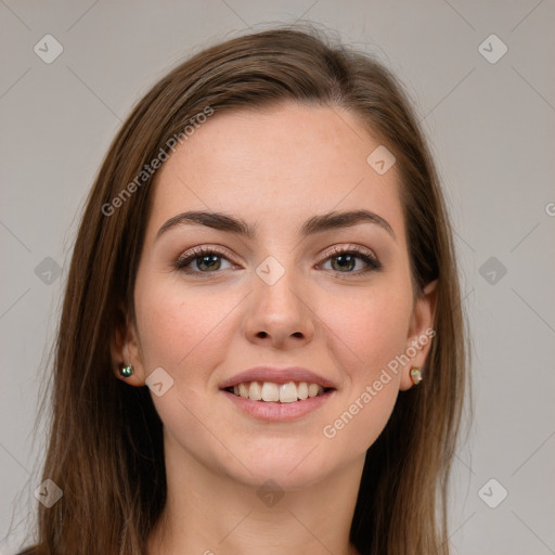 Joyful white young-adult female with long  brown hair and grey eyes