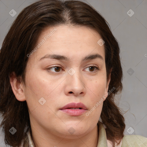 Neutral white young-adult female with medium  brown hair and brown eyes