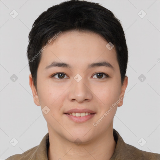 Joyful white young-adult female with short  brown hair and brown eyes