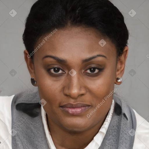 Joyful black young-adult female with short  brown hair and brown eyes