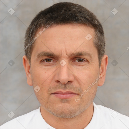 Neutral white adult male with short  brown hair and brown eyes