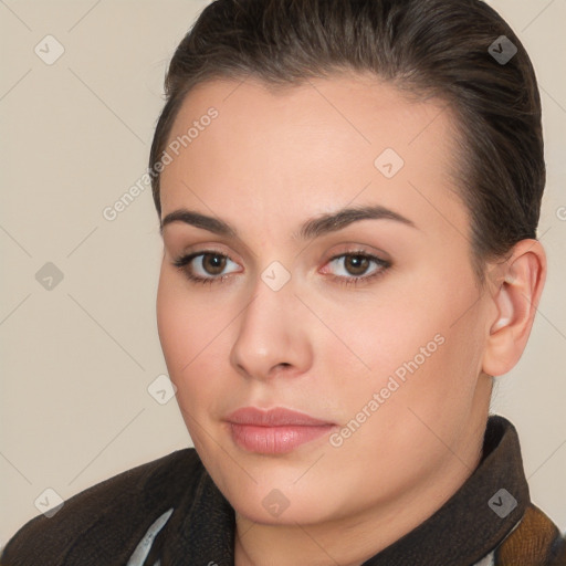 Neutral white young-adult female with medium  brown hair and brown eyes