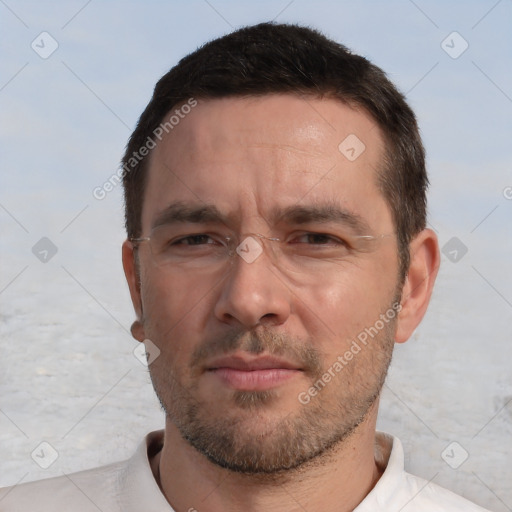 Neutral white adult male with short  brown hair and brown eyes