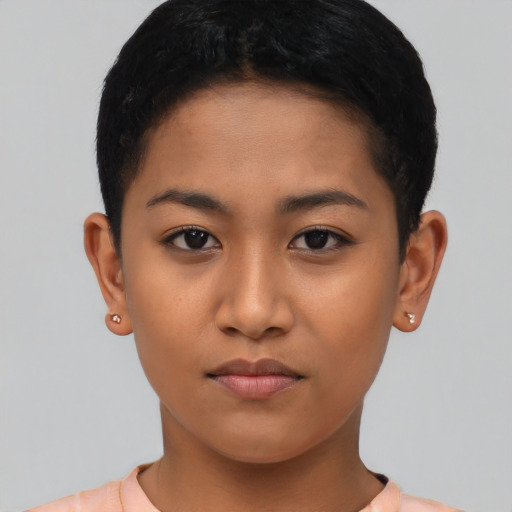 Neutral asian young-adult female with short  black hair and brown eyes