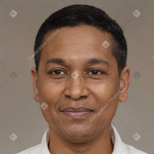 Joyful latino adult male with short  black hair and brown eyes