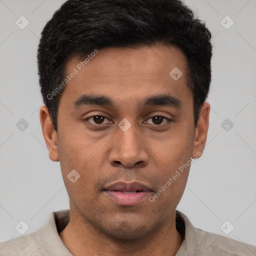 Neutral latino young-adult male with short  black hair and brown eyes