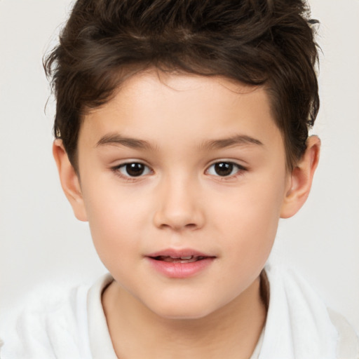 Joyful white child female with short  brown hair and brown eyes